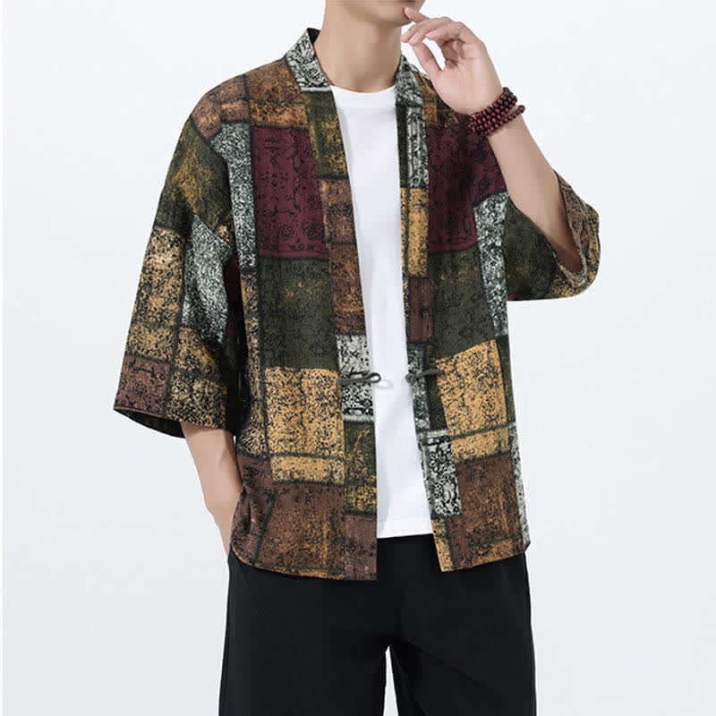 Buddha Stones Sommerlicher Kimono für Herren mit tropischem Blättermuster aus Leinenmischung, Kurzarm - image 19