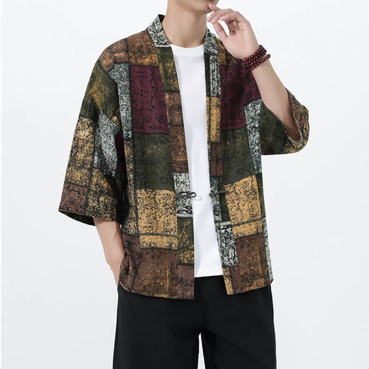 Buddha Stones Sommerlicher Kimono für Herren mit tropischem Blättermuster aus Leinenmischung, Kurzarm - image 19