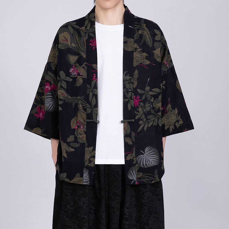 Buddha Stones Sommerlicher Kimono für Herren mit tropischem Blättermuster aus Leinenmischung, Kurzarm - Schwarz - US/ UK/AU46, EU56 (5XL) - image 11