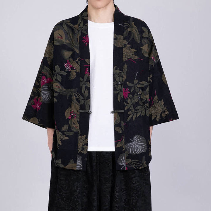 Buddha Stones Sommerlicher Kimono für Herren mit tropischem Blättermuster aus Leinenmischung, Kurzarm - Schwarz - US/ UK/AU46, EU56 (5XL) - image 11