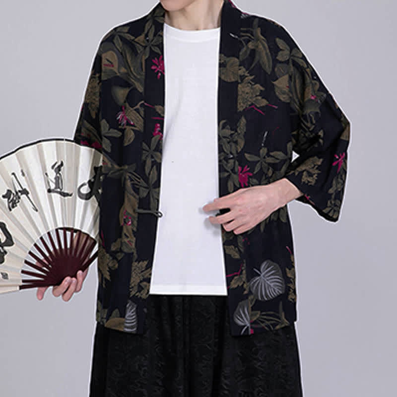 Buddha Stones Sommerlicher Kimono für Herren mit tropischem Blättermuster aus Leinenmischung, Kurzarm - image 12