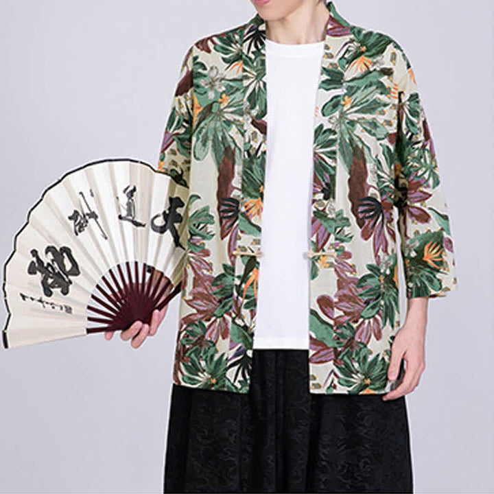 Buddha Stones Sommerlicher Kimono für Herren mit tropischem Blättermuster aus Leinenmischung, Kurzarm - image 6
