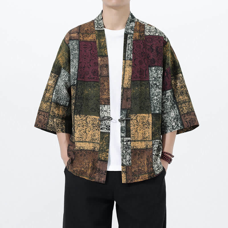 Buddha Stones Sommerlicher Kimono für Herren mit tropischem Blättermuster aus Leinenmischung, Kurzarm - Olivgrün - US/ UK/AU46, EU56 (5XL) - image 18