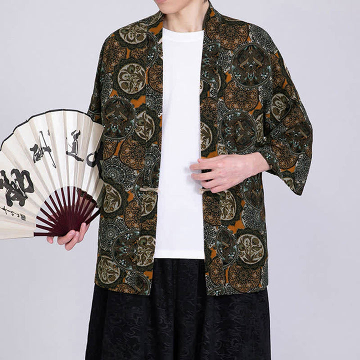 Buddha Stones Sommerlicher Kimono für Herren mit tropischem Blättermuster aus Leinenmischung, Kurzarm - image 14