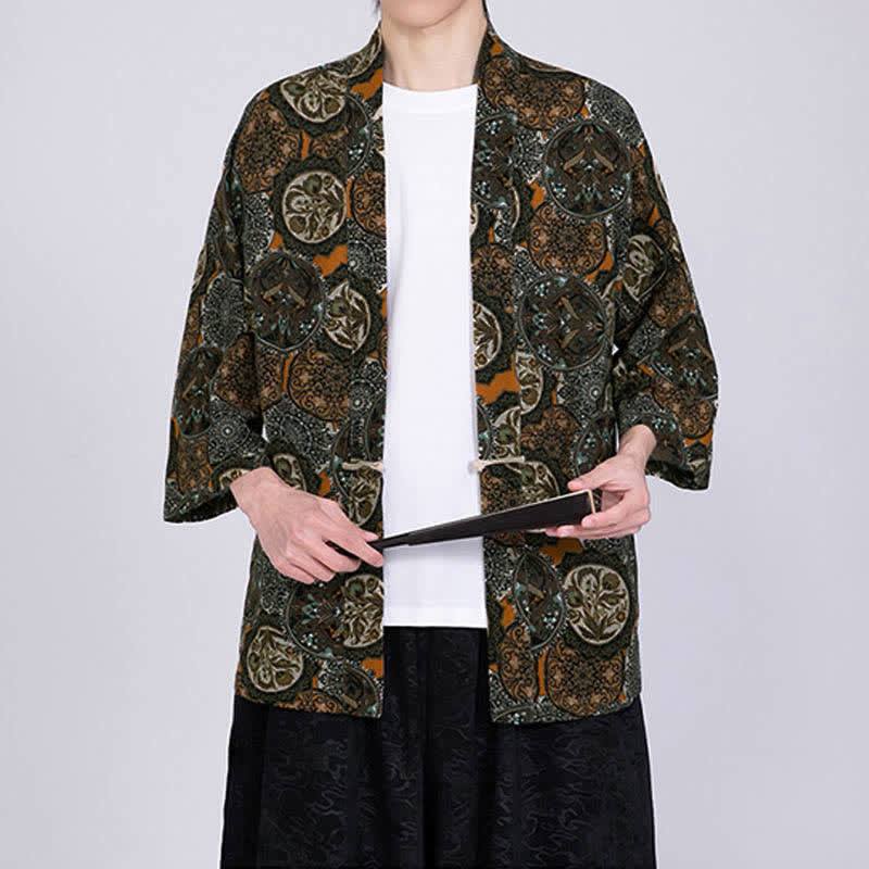 Buddha Stones Sommerlicher Kimono für Herren mit tropischem Blättermuster aus Leinenmischung, Kurzarm - image 15
