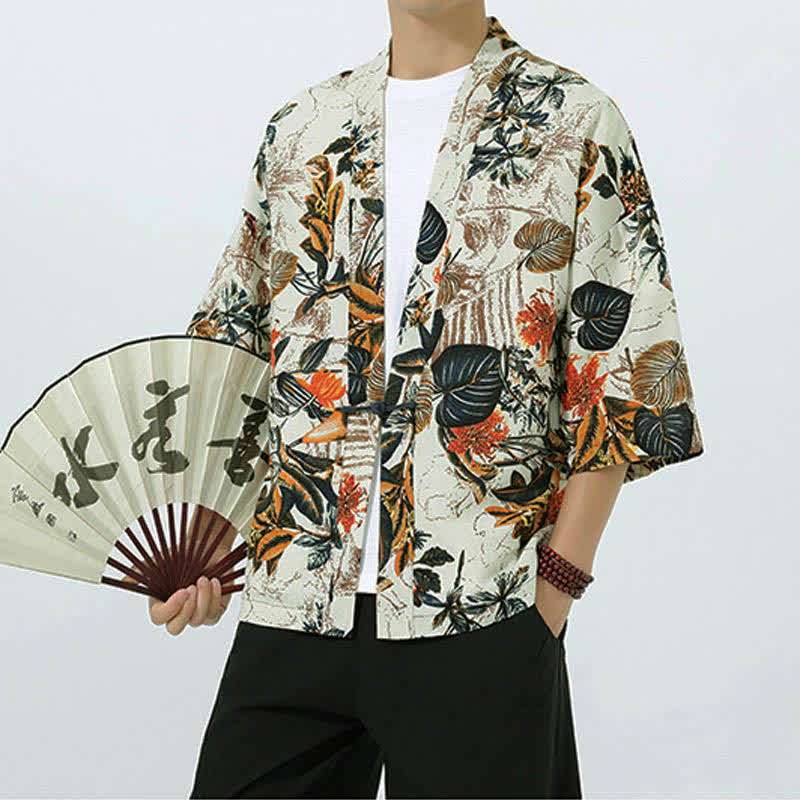 Buddha Stones Sommerlicher Kimono für Herren mit tropischem Blättermuster aus Leinenmischung, Kurzarm - image 3