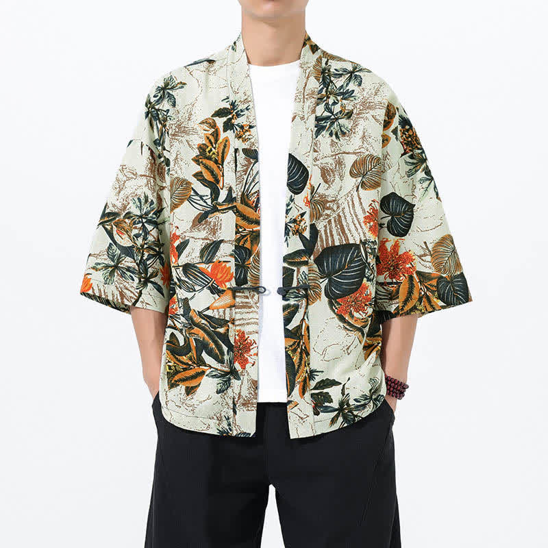 Buddha Stones Sommerlicher Kimono für Herren mit tropischem Blättermuster aus Leinenmischung, Kurzarm - Weiß - US/ UK/AU46, EU56 (5XL) - image 0