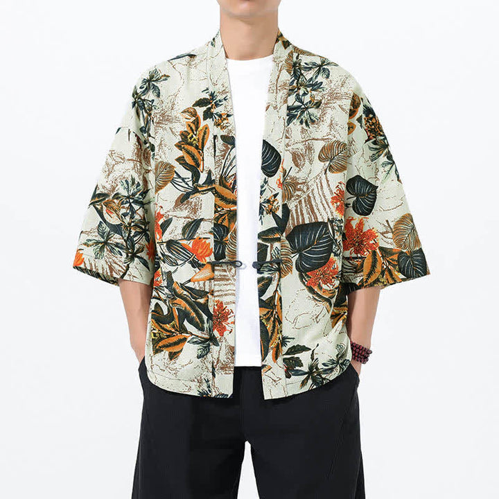 Buddha Stones Sommerlicher Kimono für Herren mit tropischem Blättermuster aus Leinenmischung, Kurzarm - Weiß - US/ UK/AU46, EU56 (5XL) - image 0