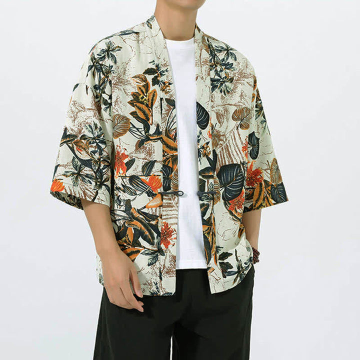 Buddha Stones Sommerlicher Kimono für Herren mit tropischem Blättermuster aus Leinenmischung, Kurzarm - image 1