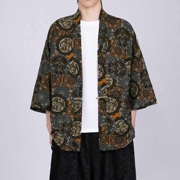 Buddha Stones Sommerlicher Kimono für Herren mit tropischem Blättermuster aus Leinenmischung, Kurzarm - image 16