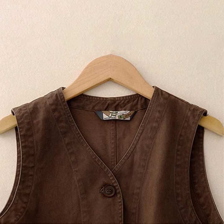 Buddha Stones Frühlingsfrische Vintage-Baumwolle, kurze ärmellose Weste mit V-Ausschnitt, V-Ausschnitt und Taschen aus Twill-Baumwolle mit Vogelstickerei - image 10