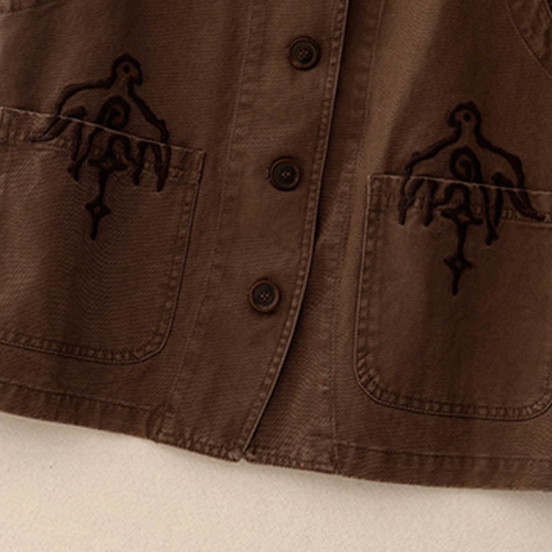 Buddha Stones Frühlingsfrische Vintage-Baumwolle, kurze ärmellose Weste mit V-Ausschnitt, V-Ausschnitt und Taschen aus Twill-Baumwolle mit Vogelstickerei - image 13