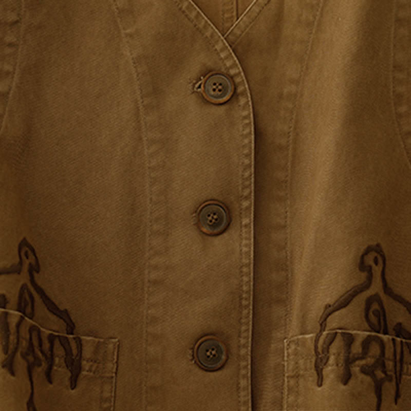 Buddha Stones Frühlingsfrische Vintage-Baumwolle, kurze ärmellose Weste mit V-Ausschnitt, V-Ausschnitt und Taschen aus Twill-Baumwolle mit Vogelstickerei - image 7