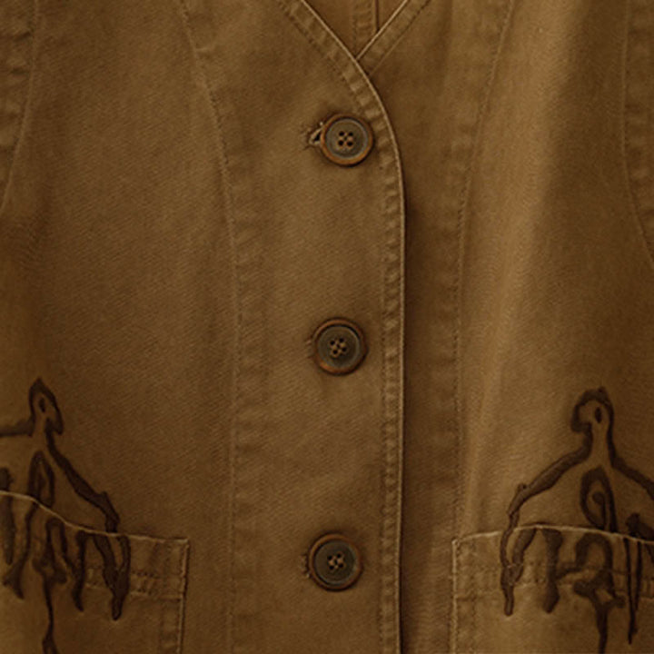 Buddha Stones Frühlingsfrische Vintage-Baumwolle, kurze ärmellose Weste mit V-Ausschnitt, V-Ausschnitt und Taschen aus Twill-Baumwolle mit Vogelstickerei - image 7