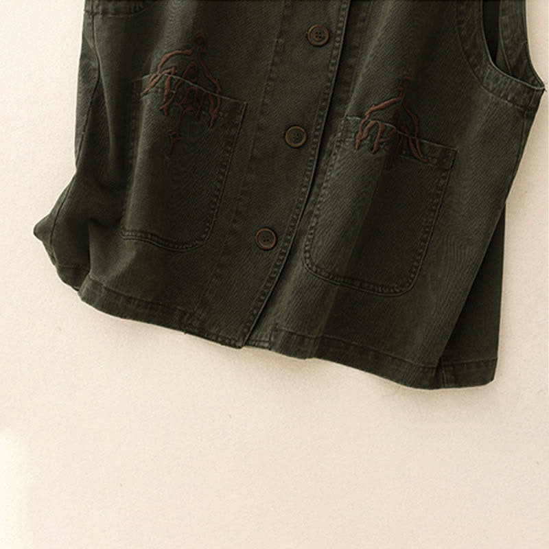 Buddha Stones Frühlingsfrische Vintage-Baumwolle, kurze ärmellose Weste mit V-Ausschnitt, V-Ausschnitt und Taschen aus Twill-Baumwolle mit Vogelstickerei - image 18
