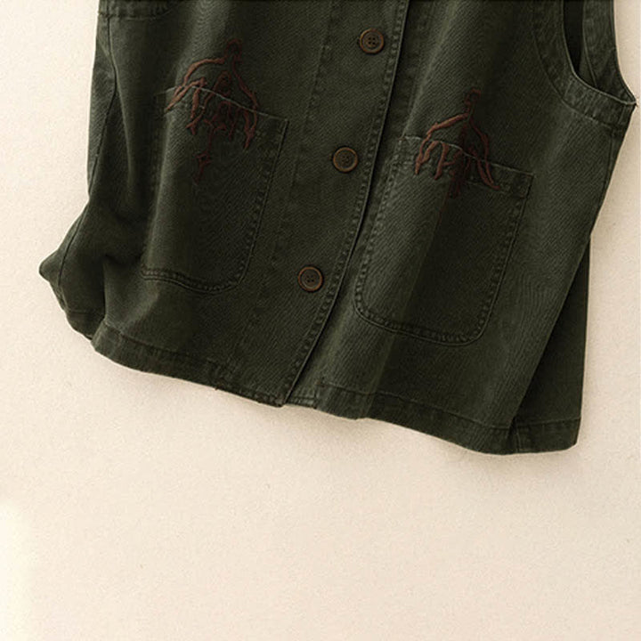 Buddha Stones Frühlingsfrische Vintage-Baumwolle, kurze ärmellose Weste mit V-Ausschnitt, V-Ausschnitt und Taschen aus Twill-Baumwolle mit Vogelstickerei - image 18