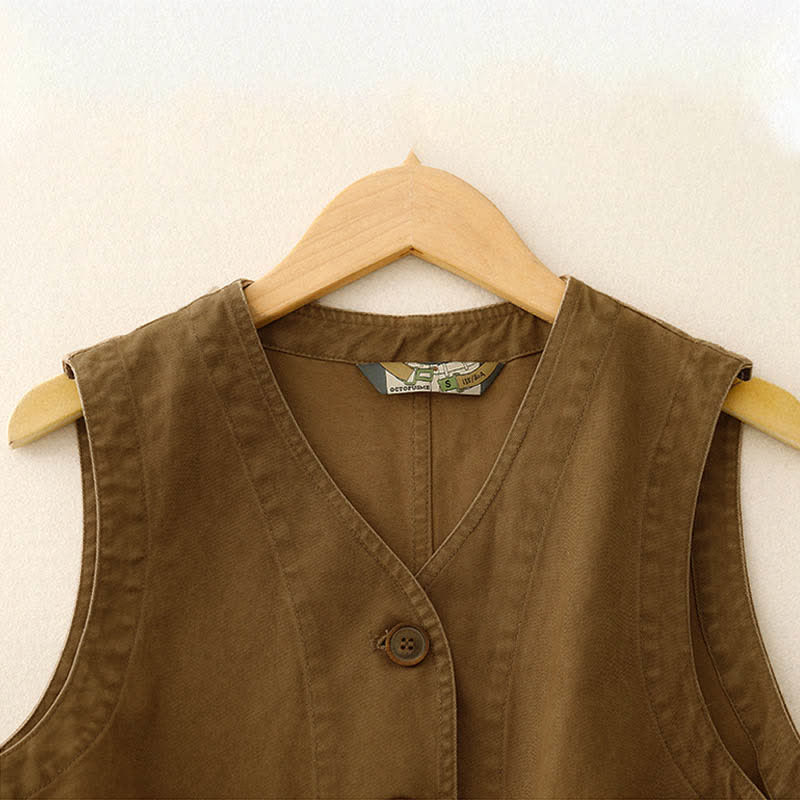 Buddha Stones Frühlingsfrische Vintage-Baumwolle, kurze ärmellose Weste mit V-Ausschnitt, V-Ausschnitt und Taschen aus Twill-Baumwolle mit Vogelstickerei - image 2