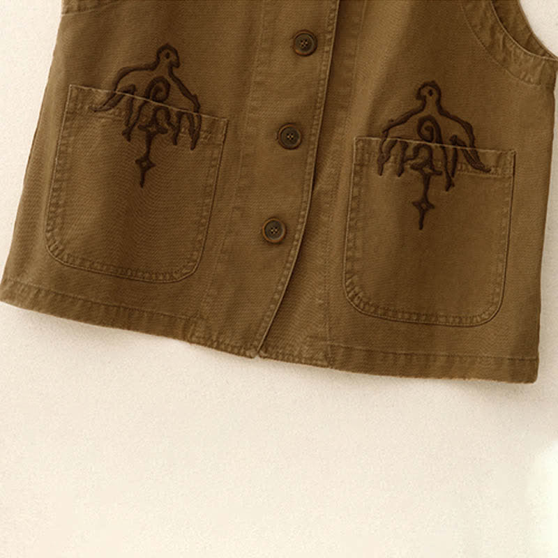 Buddha Stones Frühlingsfrische Vintage-Baumwolle, kurze ärmellose Weste mit V-Ausschnitt, V-Ausschnitt und Taschen aus Twill-Baumwolle mit Vogelstickerei - image 4
