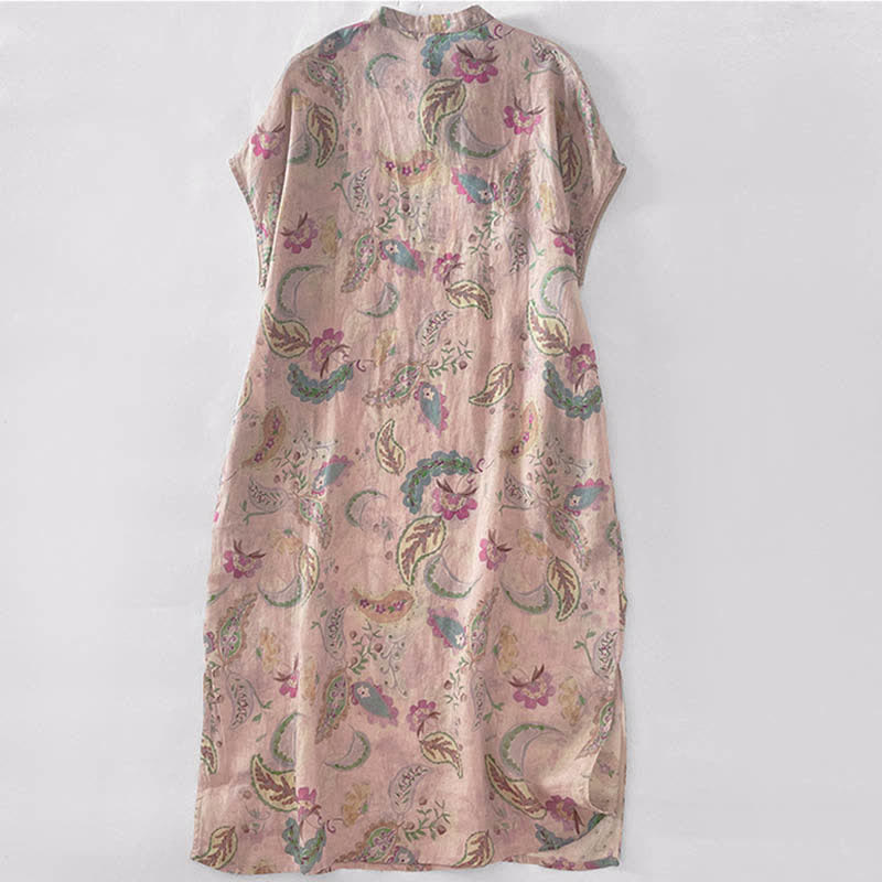 Buddha Stones Sommerliches Vintage-Kleid für Damen mit Paisley-Blumenmuster, Stehkragen, kurzen Ärmeln und Taschen - image 1