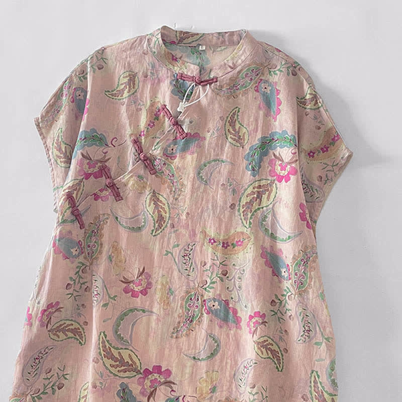 Buddha Stones Sommerliches Vintage-Kleid für Damen mit Paisley-Blumenmuster, Stehkragen, kurzen Ärmeln und Taschen - image 2