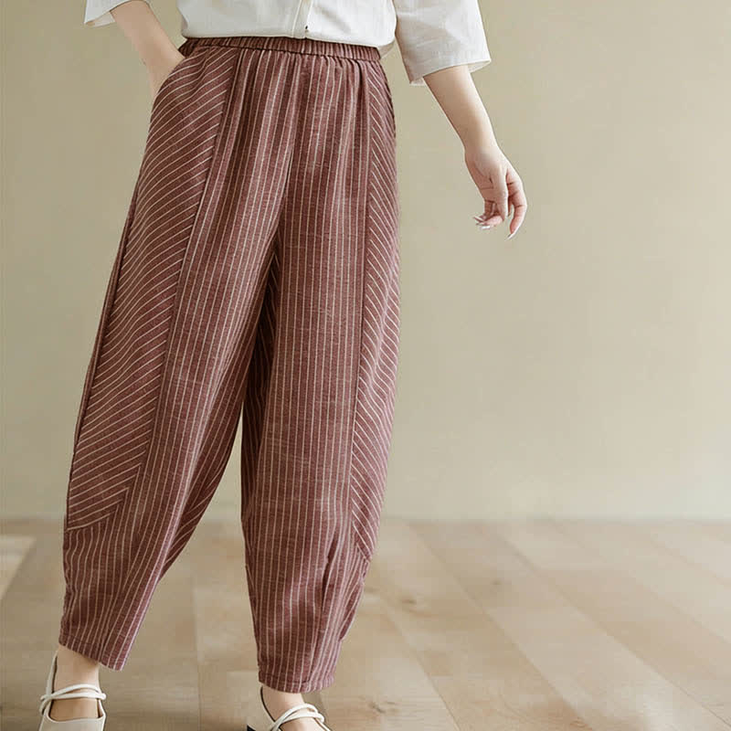 Buddha Stones Lässige, gestreifte Damenhose aus Leinen-Baumwoll-Mischgewebe mit schmal zulaufendem Bein und Taschen - image 12