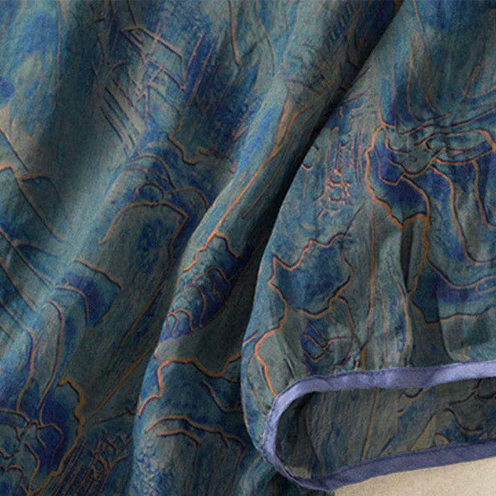 Buddha Stones Sommerliches Chiffon-Damenhemd mit Blumenmuster, Knopfleiste, Stehkragen und Ellbogenlänge. - image 5