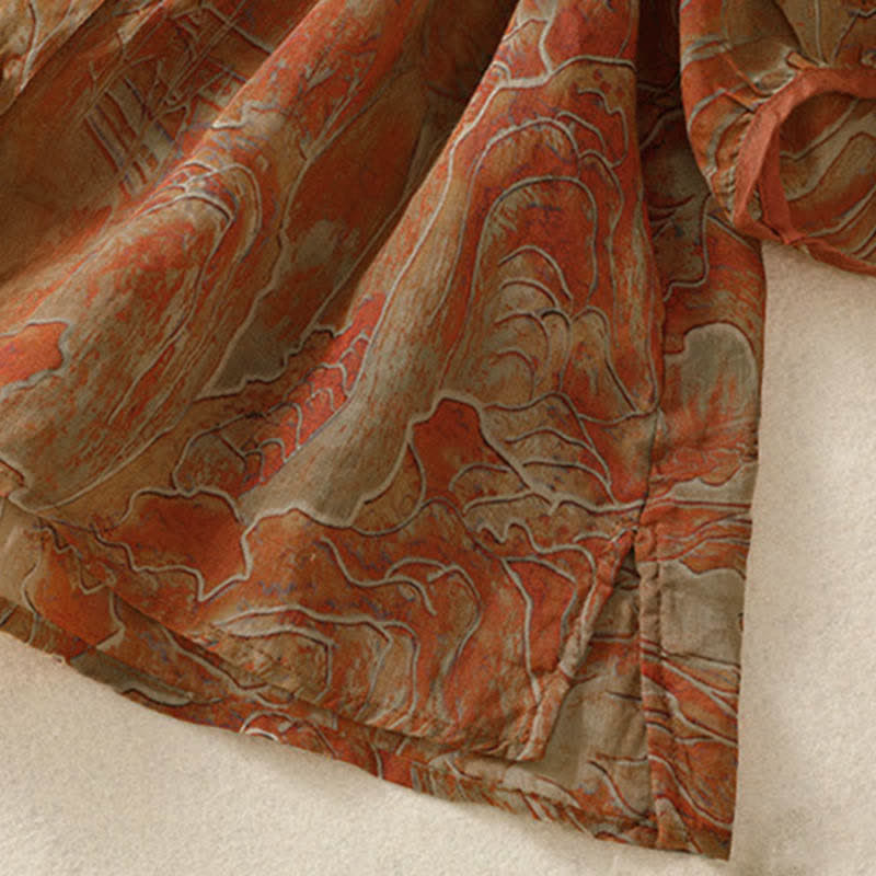 Buddha Stones Sommerliches Chiffon-Damenhemd mit Blumenmuster, Knopfleiste, Stehkragen und Ellbogenlänge. - image 11