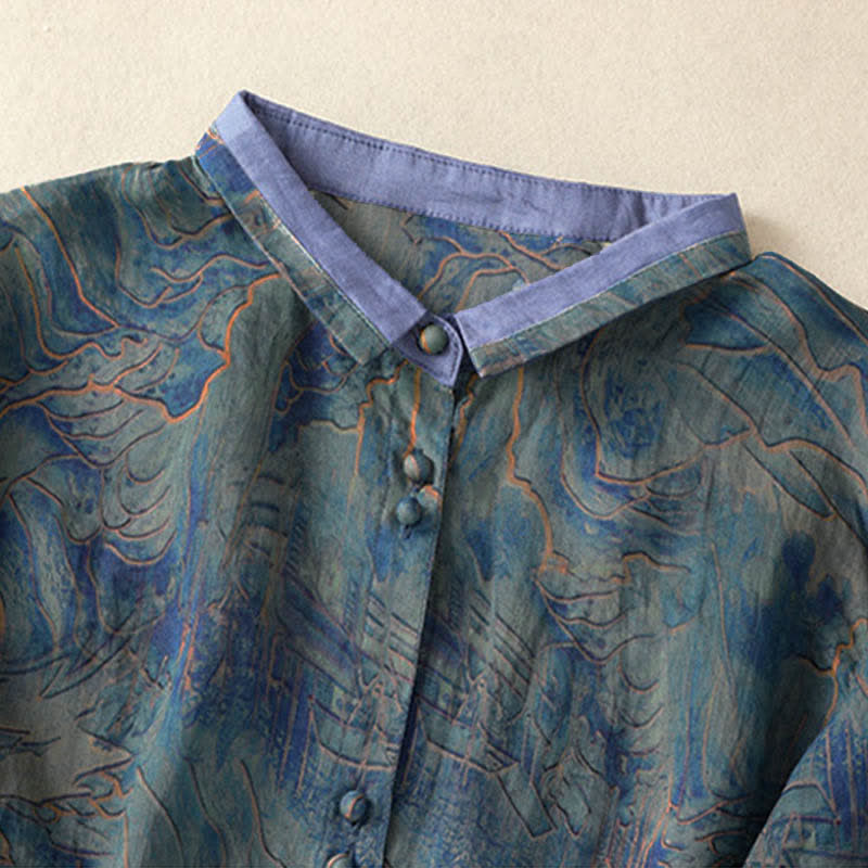 Buddha Stones Sommerliches Chiffon-Damenhemd mit Blumenmuster, Knopfleiste, Stehkragen und Ellbogenlänge. - image 2