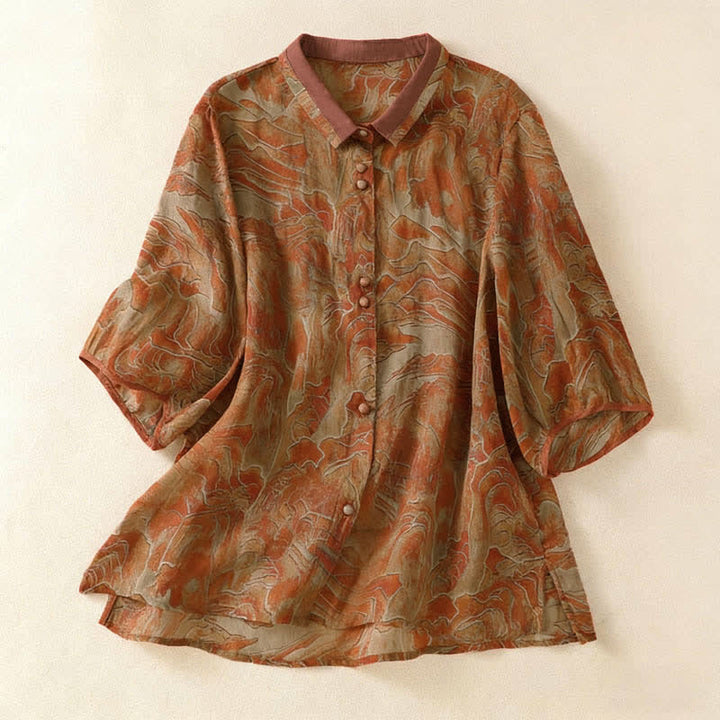 Buddha Stones Sommerliches Chiffon-Damenhemd mit Blumenmuster, Knopfleiste, Stehkragen und Ellbogenlänge. - Peru - US 8-10, UK/AU 12-14, EU 40-42 (2XL) - image 8