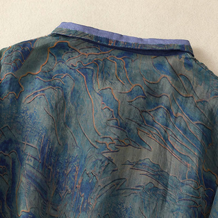 Buddha Stones Sommerliches Chiffon-Damenhemd mit Blumenmuster, Knopfleiste, Stehkragen und Ellbogenlänge. - image 3