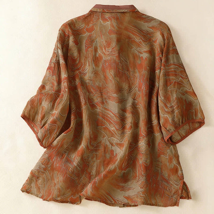 Buddha Stones Sommerliches Chiffon-Damenhemd mit Blumenmuster, Knopfleiste, Stehkragen und Ellbogenlänge. - image 9