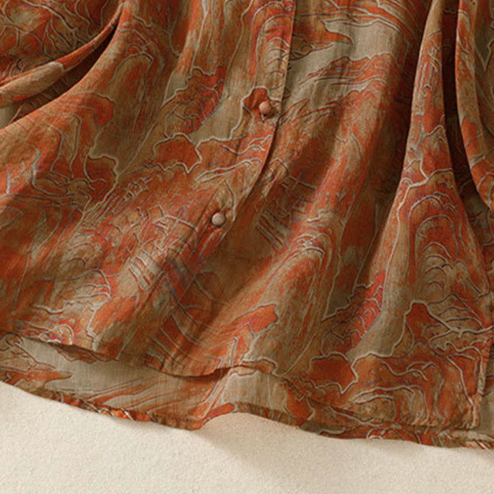 Buddha Stones Sommerliches Chiffon-Damenhemd mit Blumenmuster, Knopfleiste, Stehkragen und Ellbogenlänge. - image 12