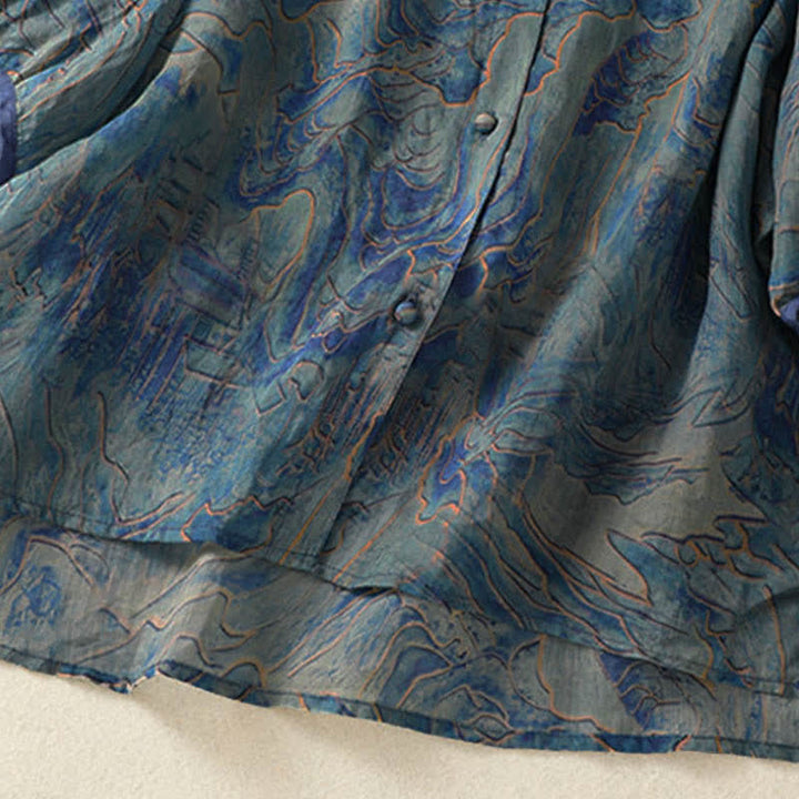 Buddha Stones Sommerliches Chiffon-Damenhemd mit Blumenmuster, Knopfleiste, Stehkragen und Ellbogenlänge. - image 6