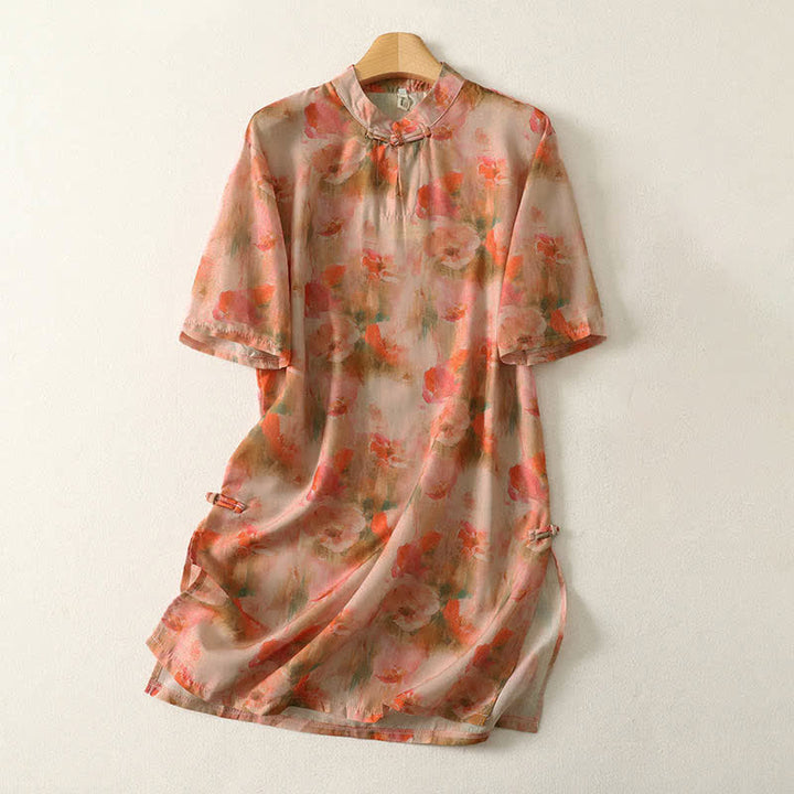 Buddha Stones Sommerliches Minikleid mit Blumenmuster, Stehkragen und Froschknopfverschluss, kurzen Ärmeln für Damen - Koralle - US 8-10, UK/AU 12-14, EU 40-42 (2XL) - image 7