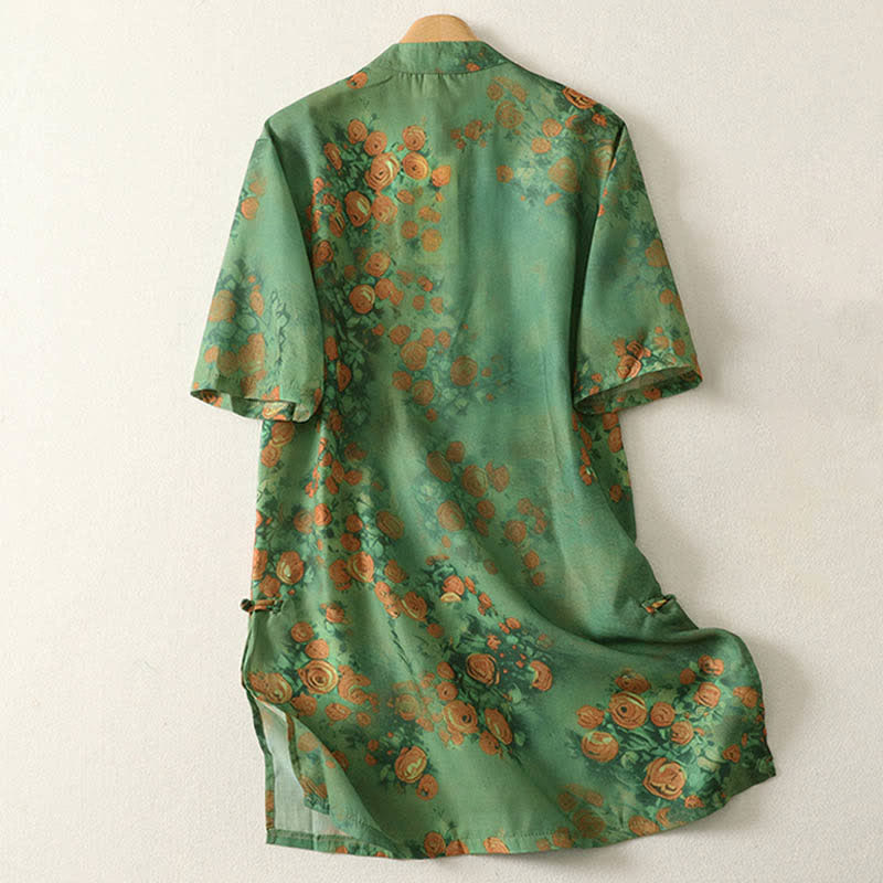 Buddha Stones Sommerliches Minikleid mit Blumenmuster, Stehkragen und Froschknopfverschluss, kurzen Ärmeln für Damen - image 1