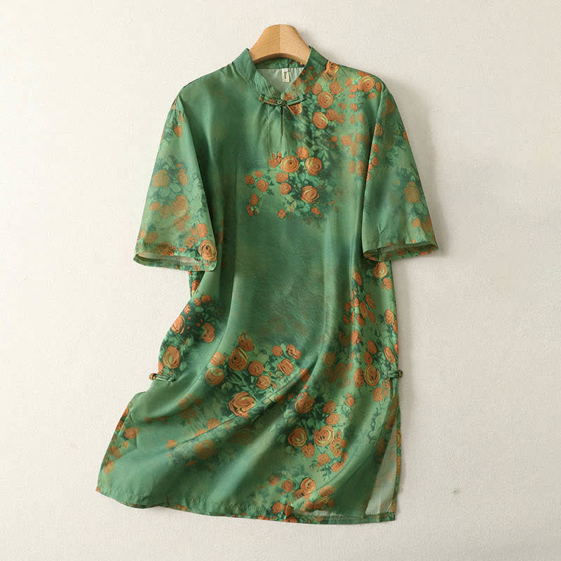 Buddha Stones Sommerliches Minikleid mit Blumenmuster, Stehkragen und Froschknopfverschluss, kurzen Ärmeln für Damen - Mittelseegrün - US 8-10, UK/AU 12-14, EU 40-42 (2XL) - image 0