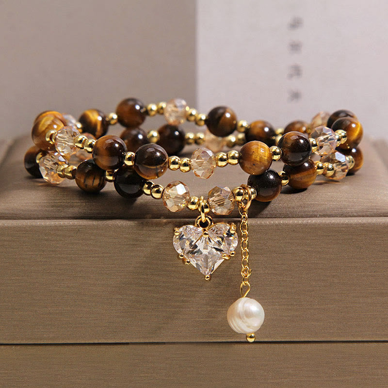Buddha Stones Armband aus natürlichem Tigerauge mit Liebesherz und doppelter Wicklung zum Schutz - Tigerauge (Handgelenkumfang: 15-16 cm) - image 0
