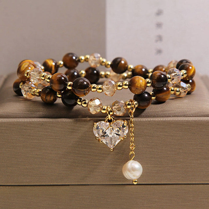 Buddha Stones Armband aus natürlichem Tigerauge mit Liebesherz und doppelter Wicklung zum Schutz - Tigerauge (Handgelenkumfang: 15-16 cm) - image 0