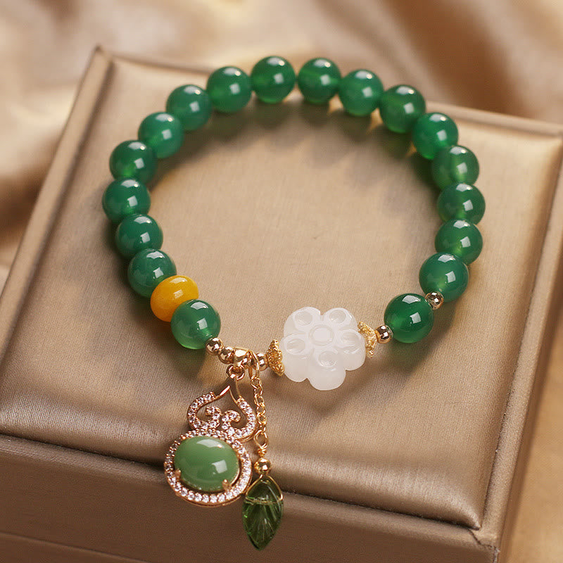 Buddha Stones Armband mit Anhängern aus grünem Achat und weißem Jade, verziert mit Blütenkürbisblättern - image 7
