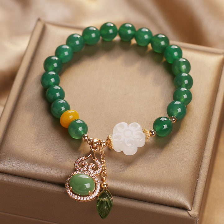 Buddha Stones Armband mit Anhängern aus grünem Achat und weißem Jade, verziert mit Blütenkürbisblättern - image 7