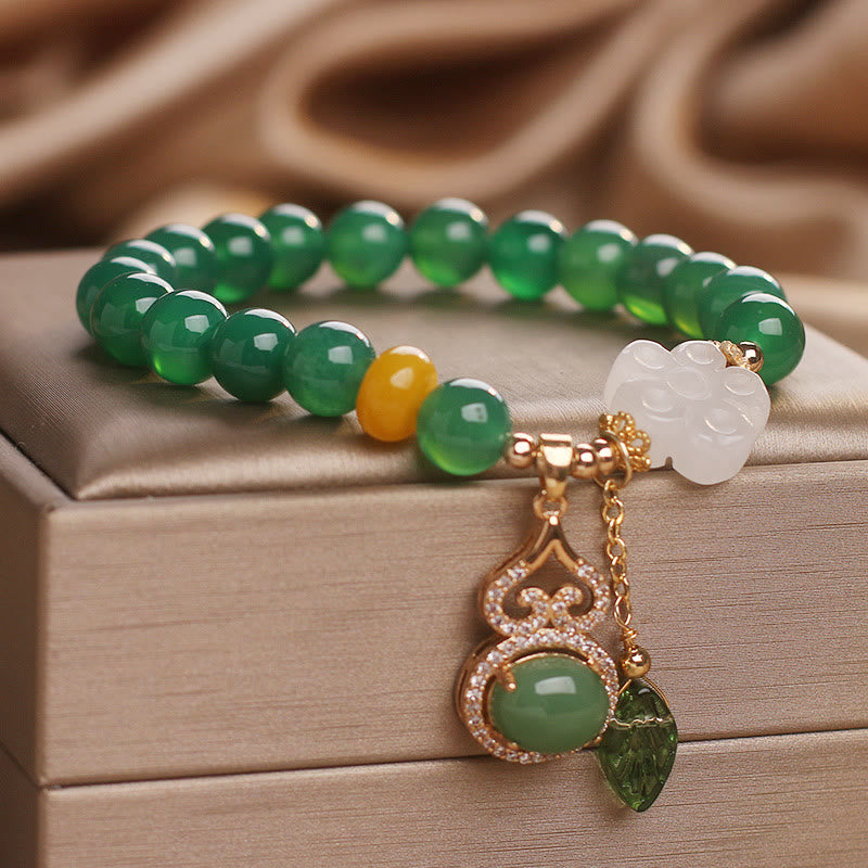 Buddha Stones Armband mit Anhängern aus grünem Achat und weißem Jade, verziert mit Blütenkürbisblättern - image 3