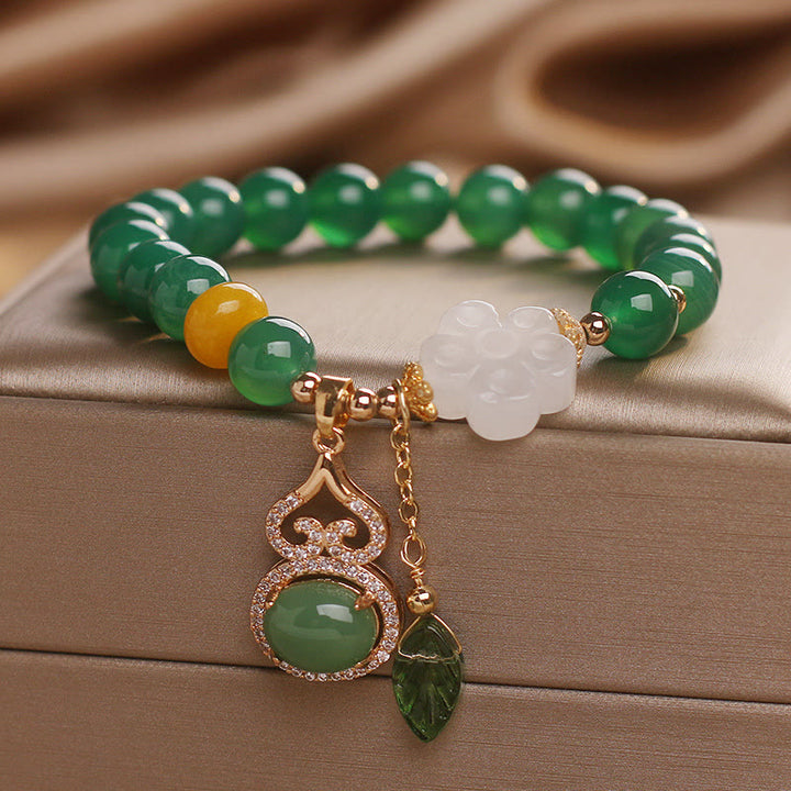 Buddha Stones Armband mit Anhängern aus grünem Achat und weißem Jade, verziert mit Blütenkürbisblättern - Grüner Achat (Handgelenkumfang 15-16 cm) - image 0