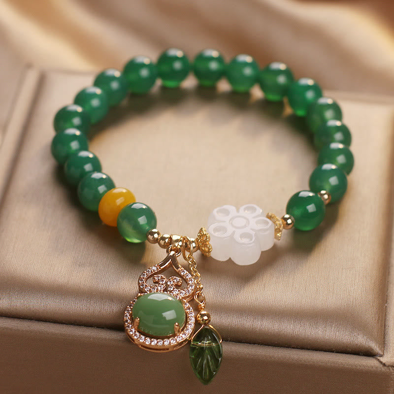 Buddha Stones Armband mit Anhängern aus grünem Achat und weißem Jade, verziert mit Blütenkürbisblättern - image 2