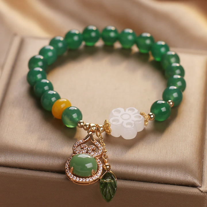 Buddha Stones Armband mit Anhängern aus grünem Achat und weißem Jade, verziert mit Blütenkürbisblättern - image 2