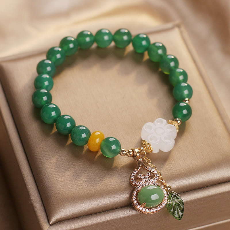 Buddha Stones Armband mit Anhängern aus grünem Achat und weißem Jade, verziert mit Blütenkürbisblättern - image 4