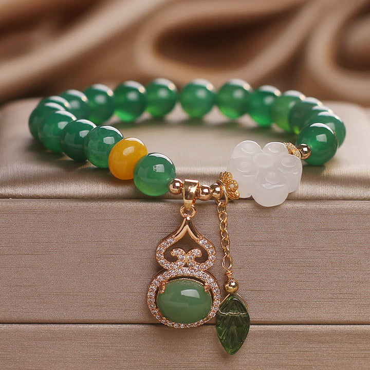 Buddha Stones Armband mit Anhängern aus grünem Achat und weißem Jade, verziert mit Blütenkürbisblättern - image 8