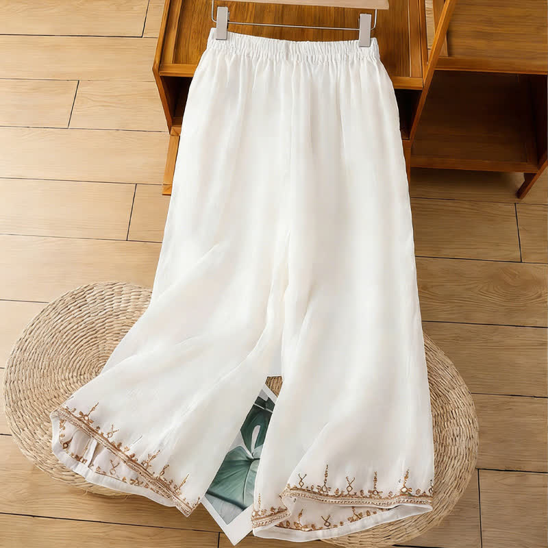 Buddha Stones Sommerliche Boho-Hose für Damen mit weitem Bein, Stickerei, Taschen und weitem Bein - image 7