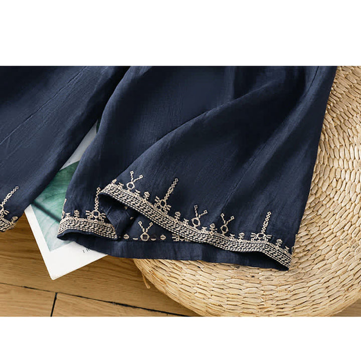 Buddha Stones Sommerliche Boho-Hose für Damen mit weitem Bein, Stickerei, Taschen und weitem Bein - image 5