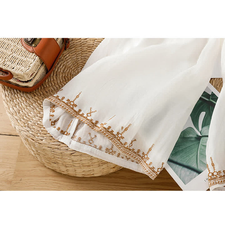 Buddha Stones Sommerliche Boho-Hose für Damen mit weitem Bein, Stickerei, Taschen und weitem Bein - image 8