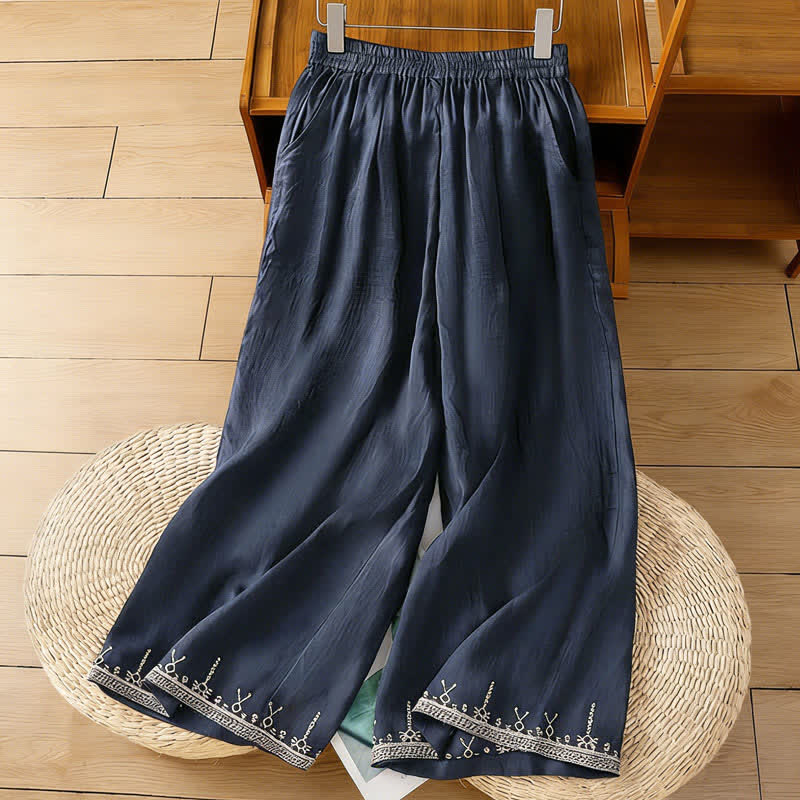 Buddha Stones Sommerliche Boho-Hose für Damen mit weitem Bein, Stickerei, Taschen und weitem Bein - image 1
